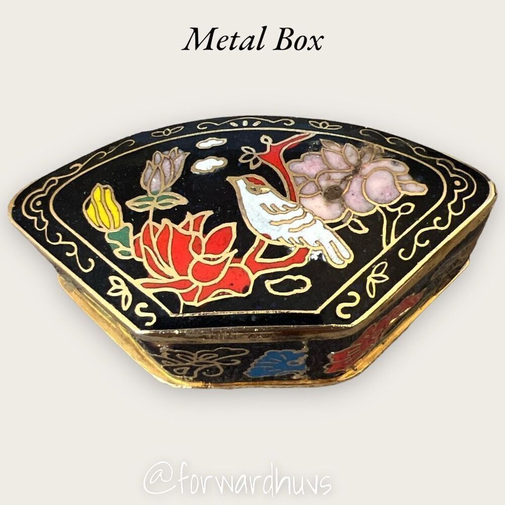 Vintage Mini Asian Bird & Floral Inlay Cloisonné Trinket Box With Lid